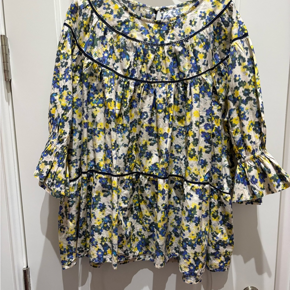 Floral Women's Blouse with Blue and Yellow Pattern